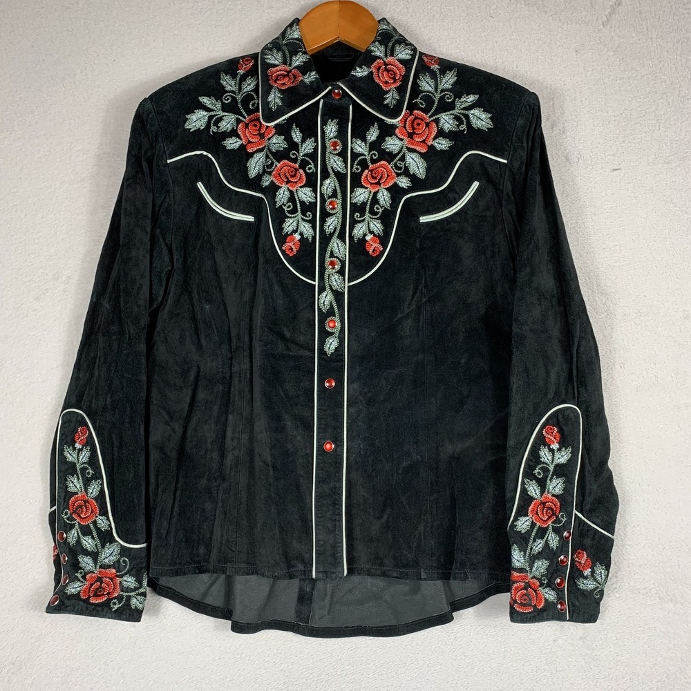 Scully Shirt Womens M Black Leather Western Embroidered Rose Snap Long Sleeve